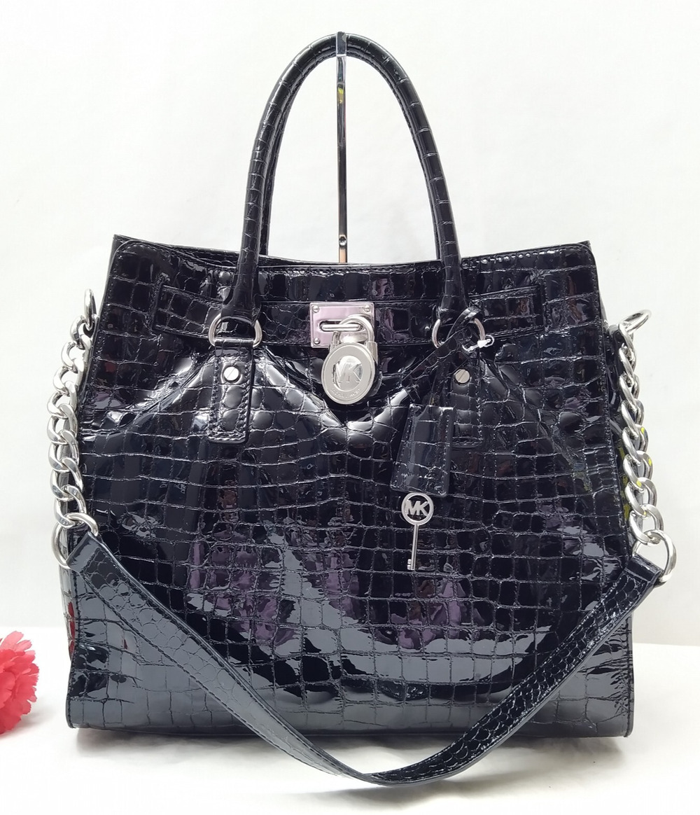 Michael Kors Hamilton Black Leather Snakeskin Embossed Lock Satchel Shoulder Bag